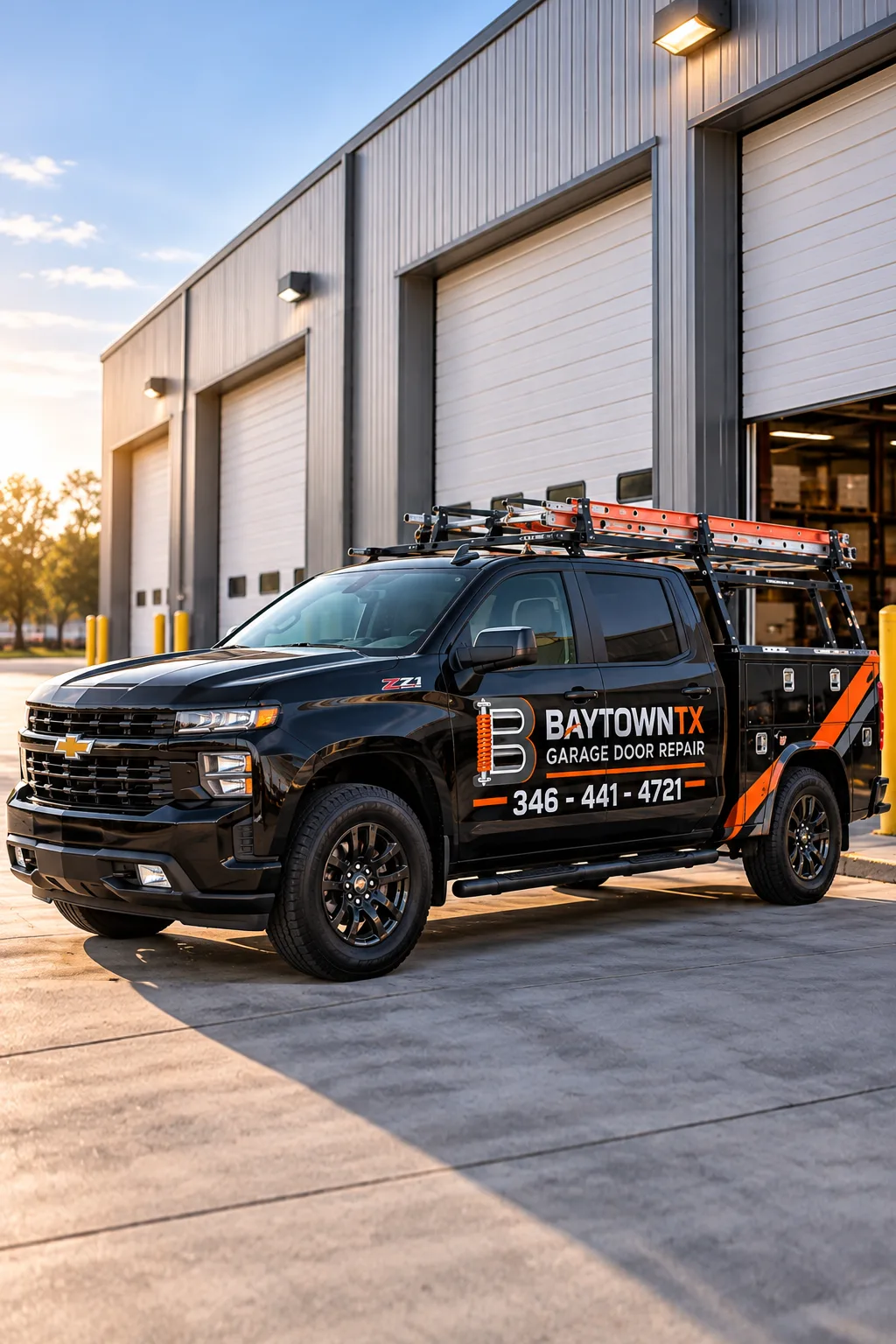 Branded service truck outside commercial bays