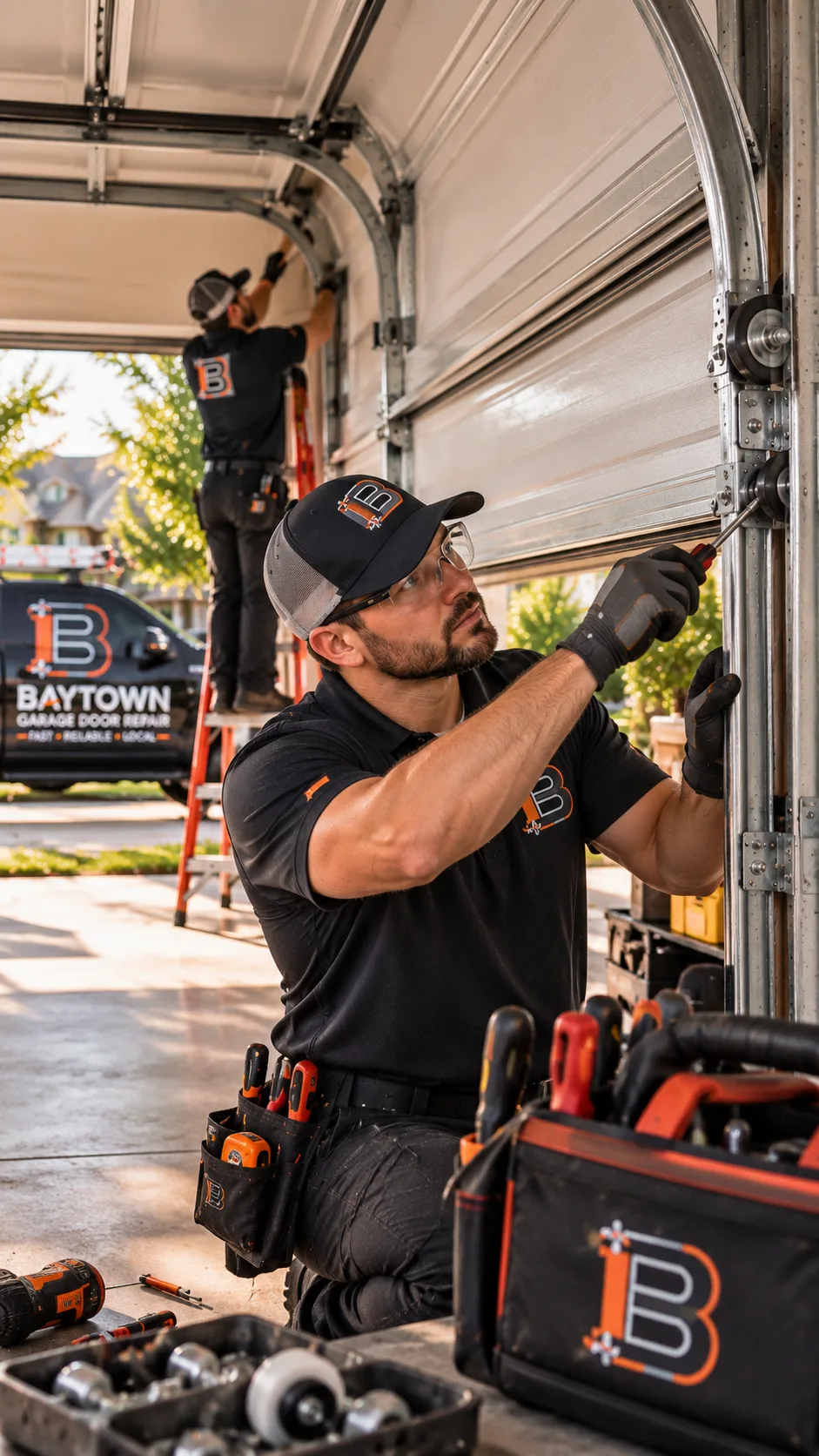 Technicians inspecting upper and side door hardware