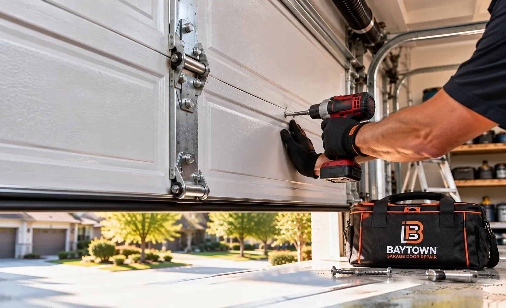 Gloved hands fastening a sectional door hinge