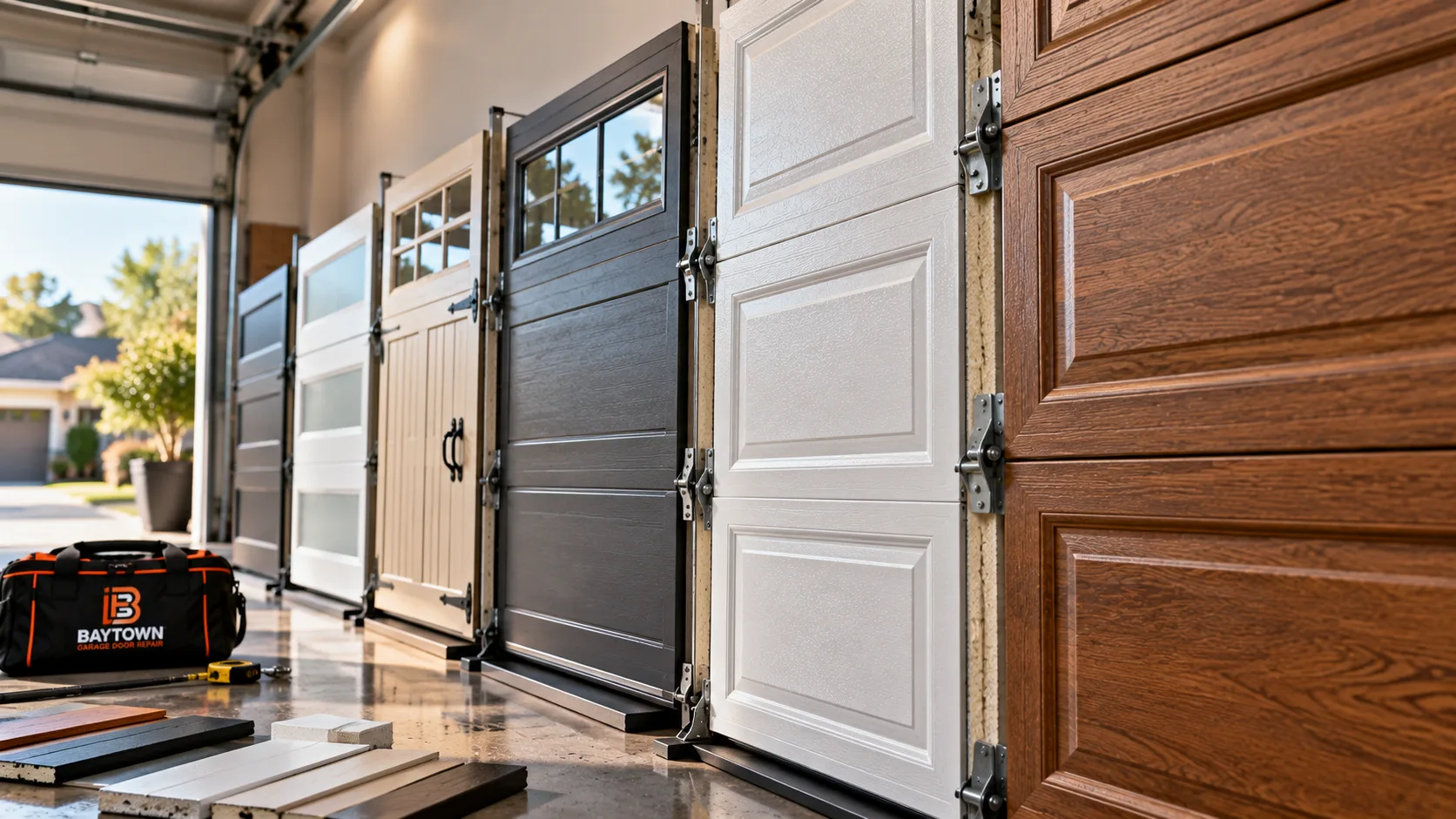 Dark, white and wood-look garage door samples