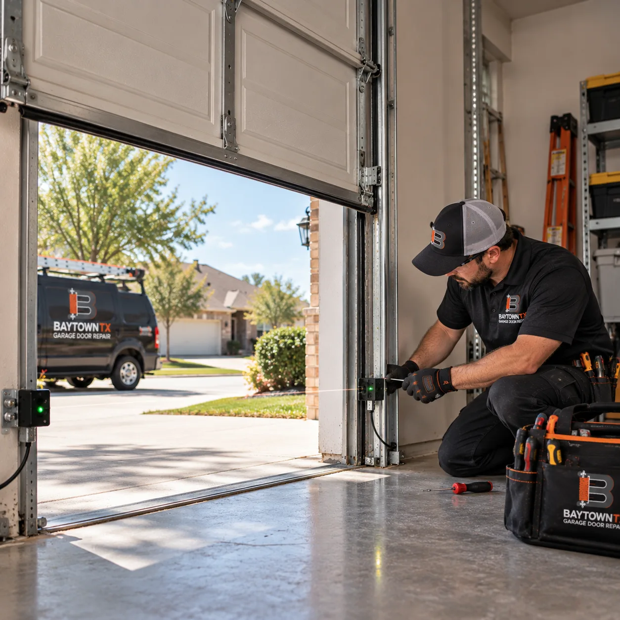 Technician inspecting a lower safety sensor