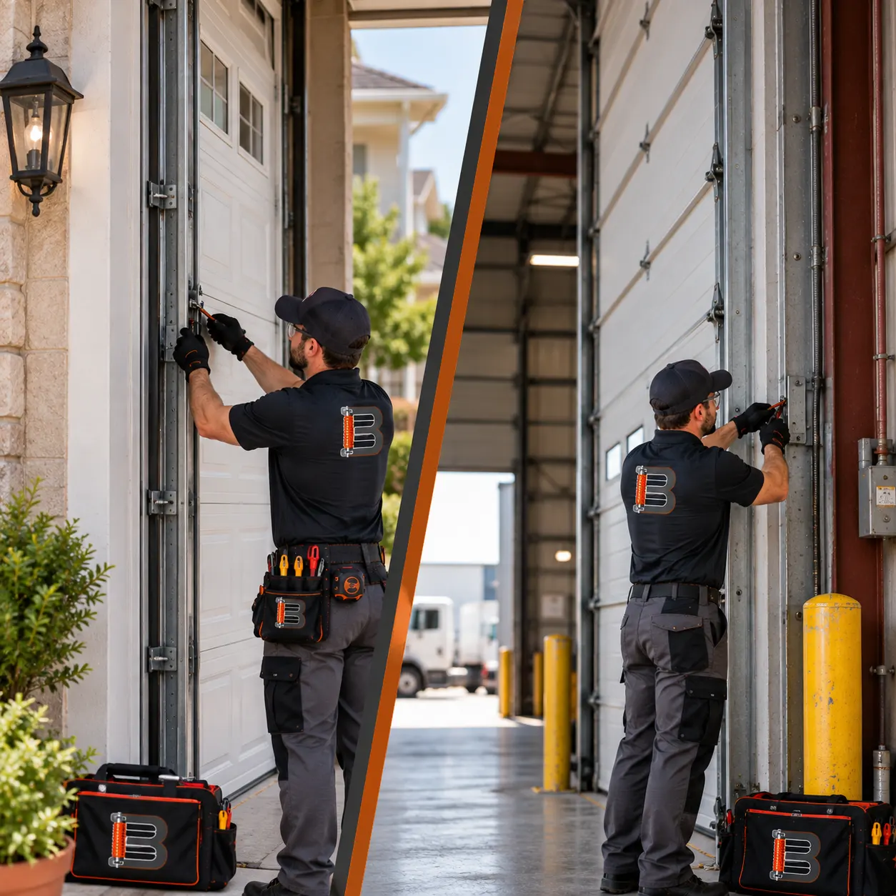 Home and commercial door repairs shown side by side