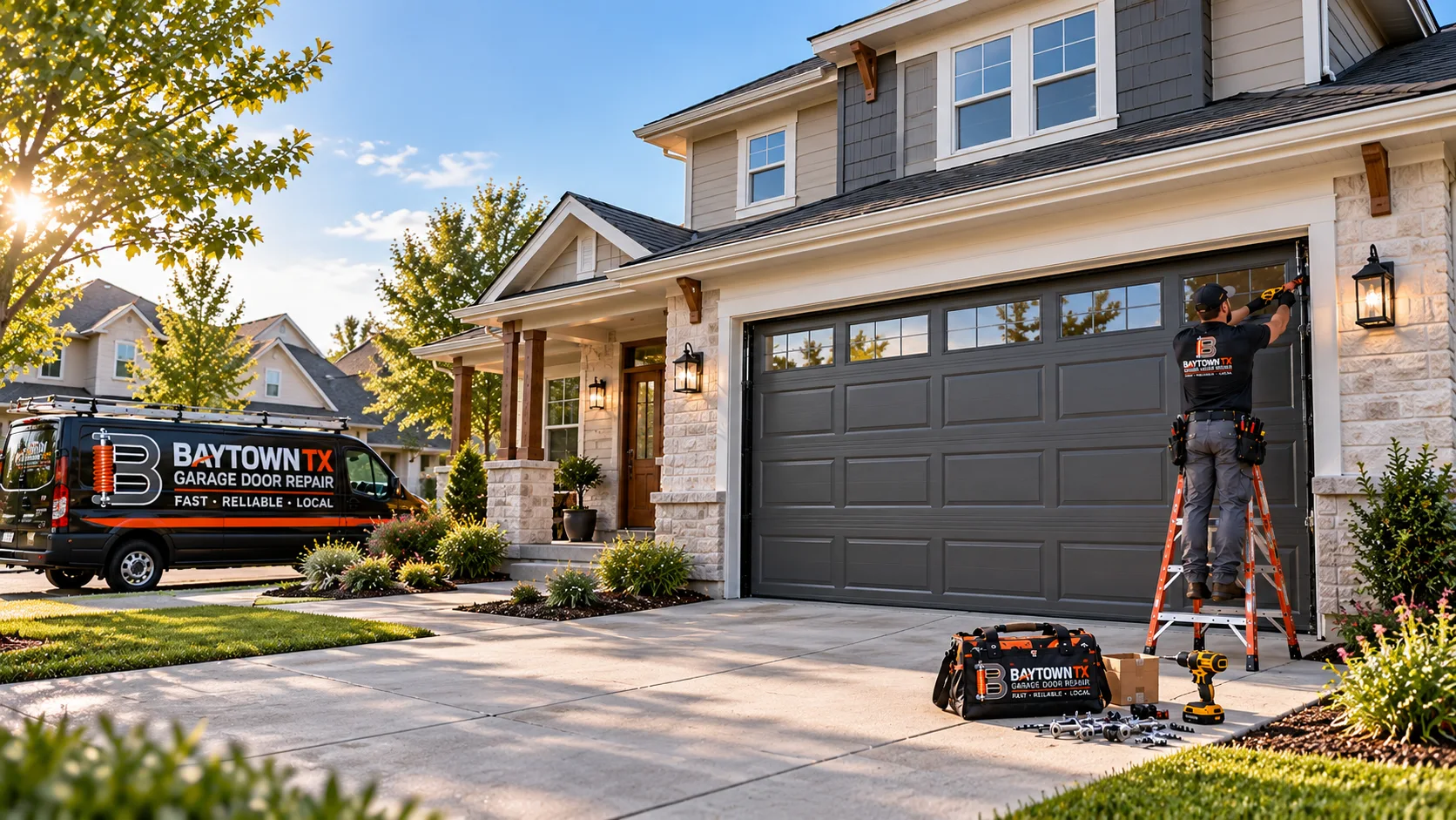 Technician repairing a dark garage door at sunset — home door service