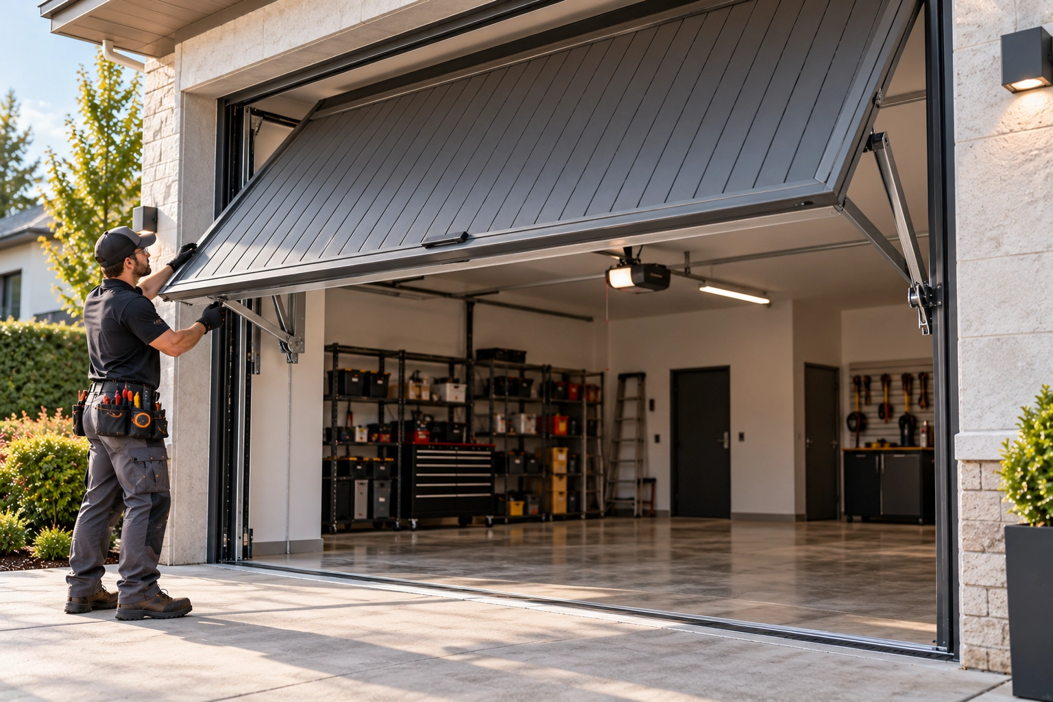 Single-piece dark garage door tilting upward — home