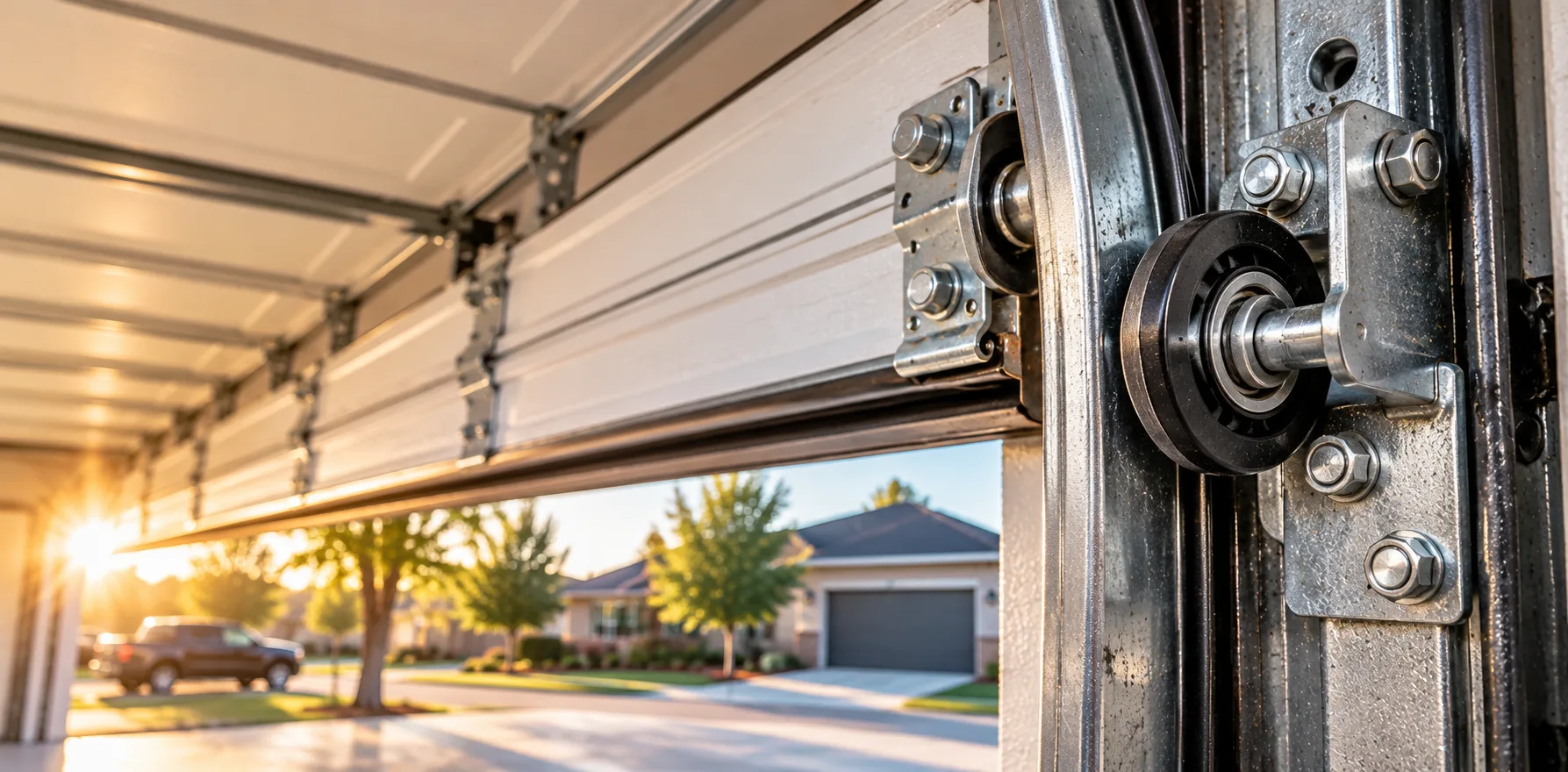 Garage door roller and vertical track in sunlight