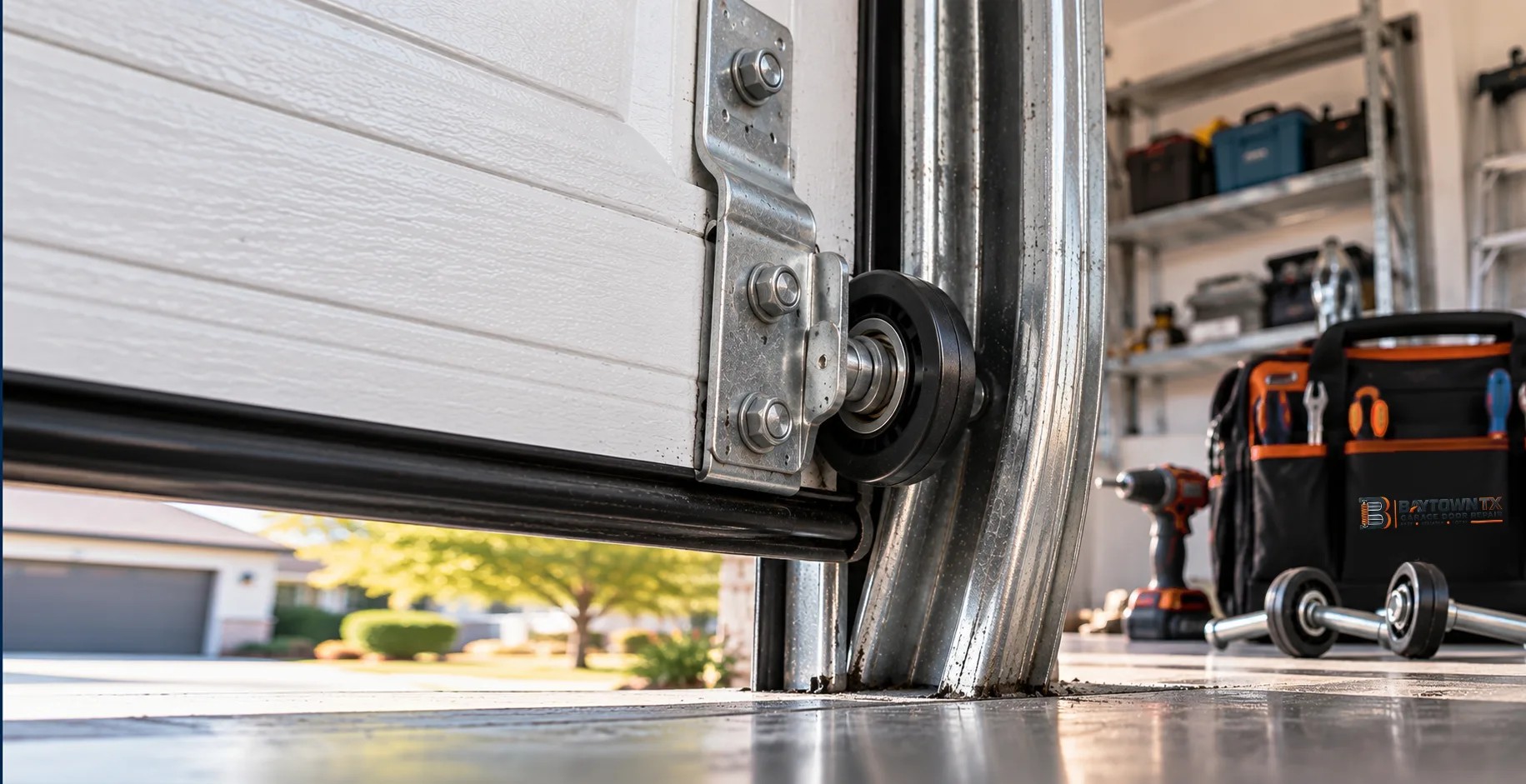 Lower door roller in its track beside spare wheels