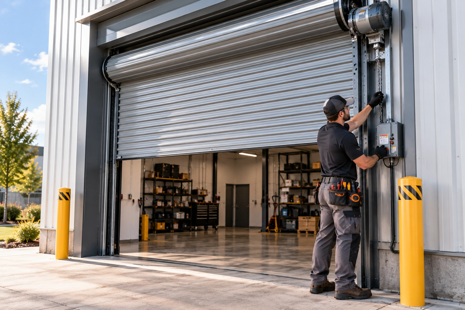 Raised corrugated rolling door at a commercial bay — home