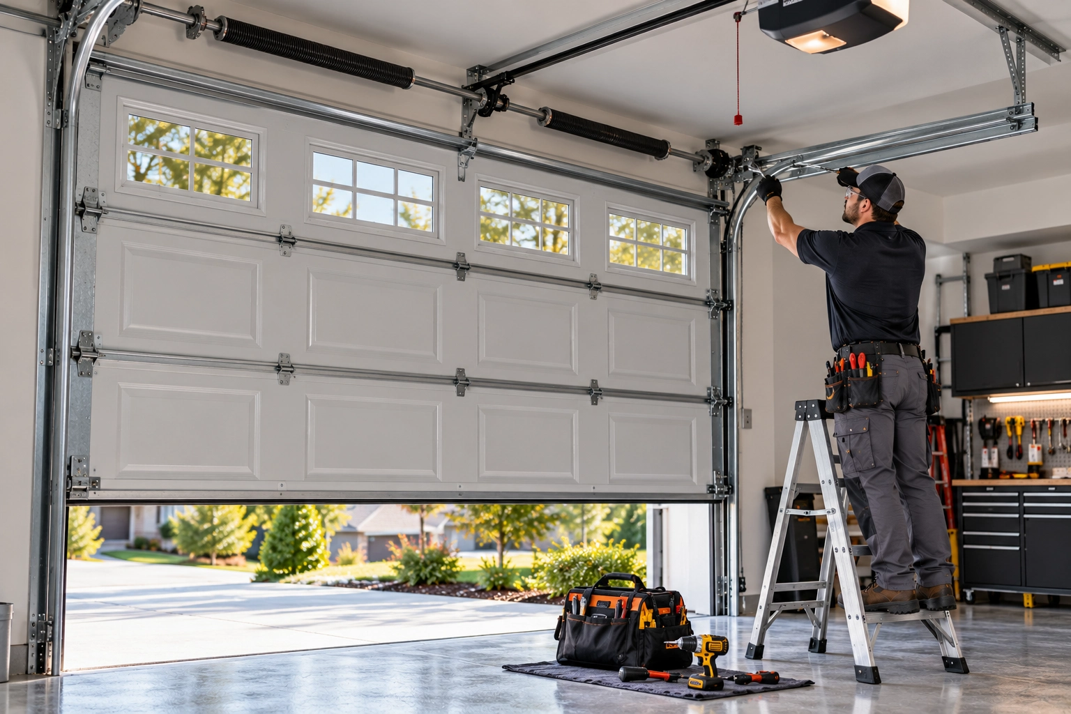Technician beside a raised white sectional door — home