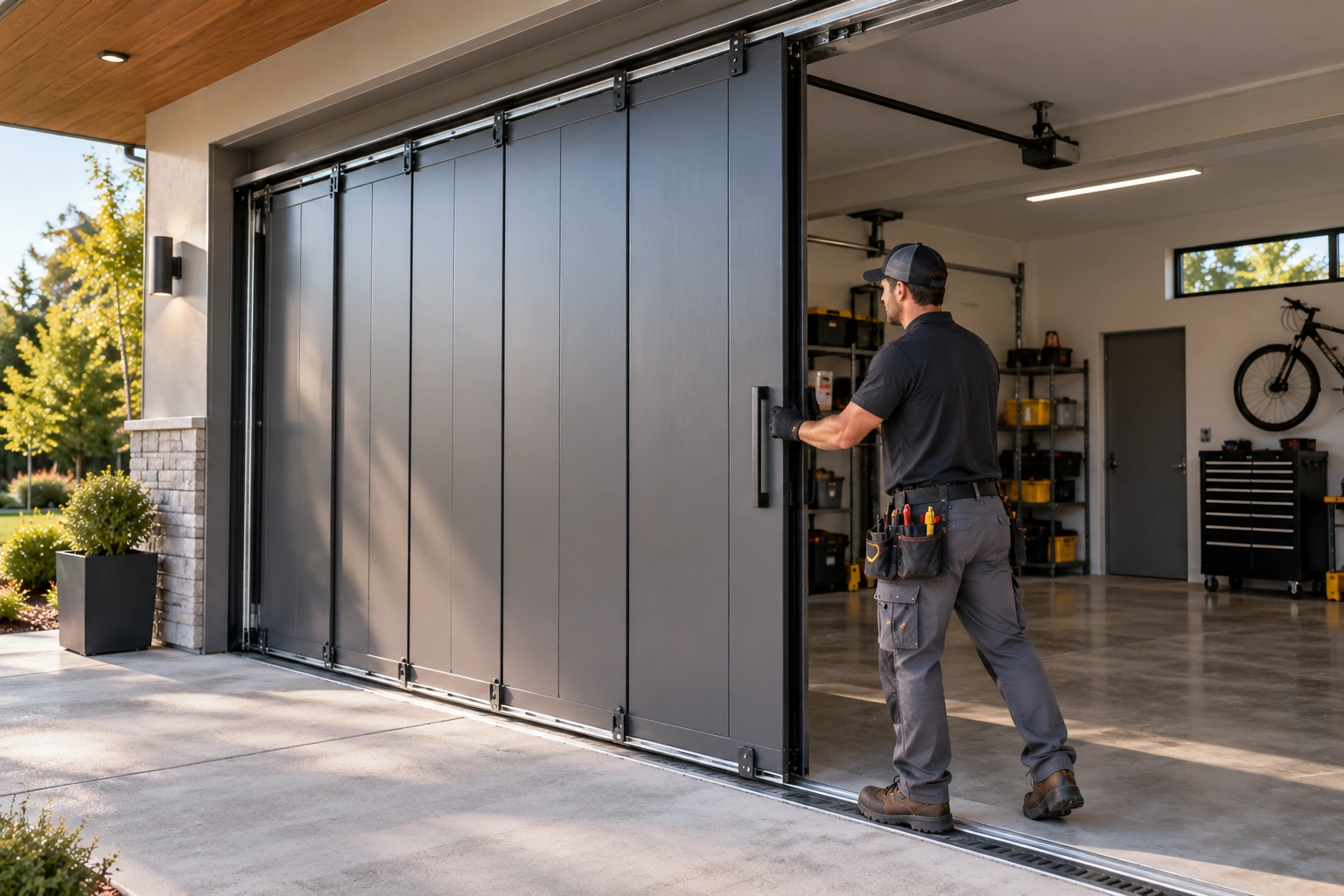 Dark garage door panels sliding sideways — home