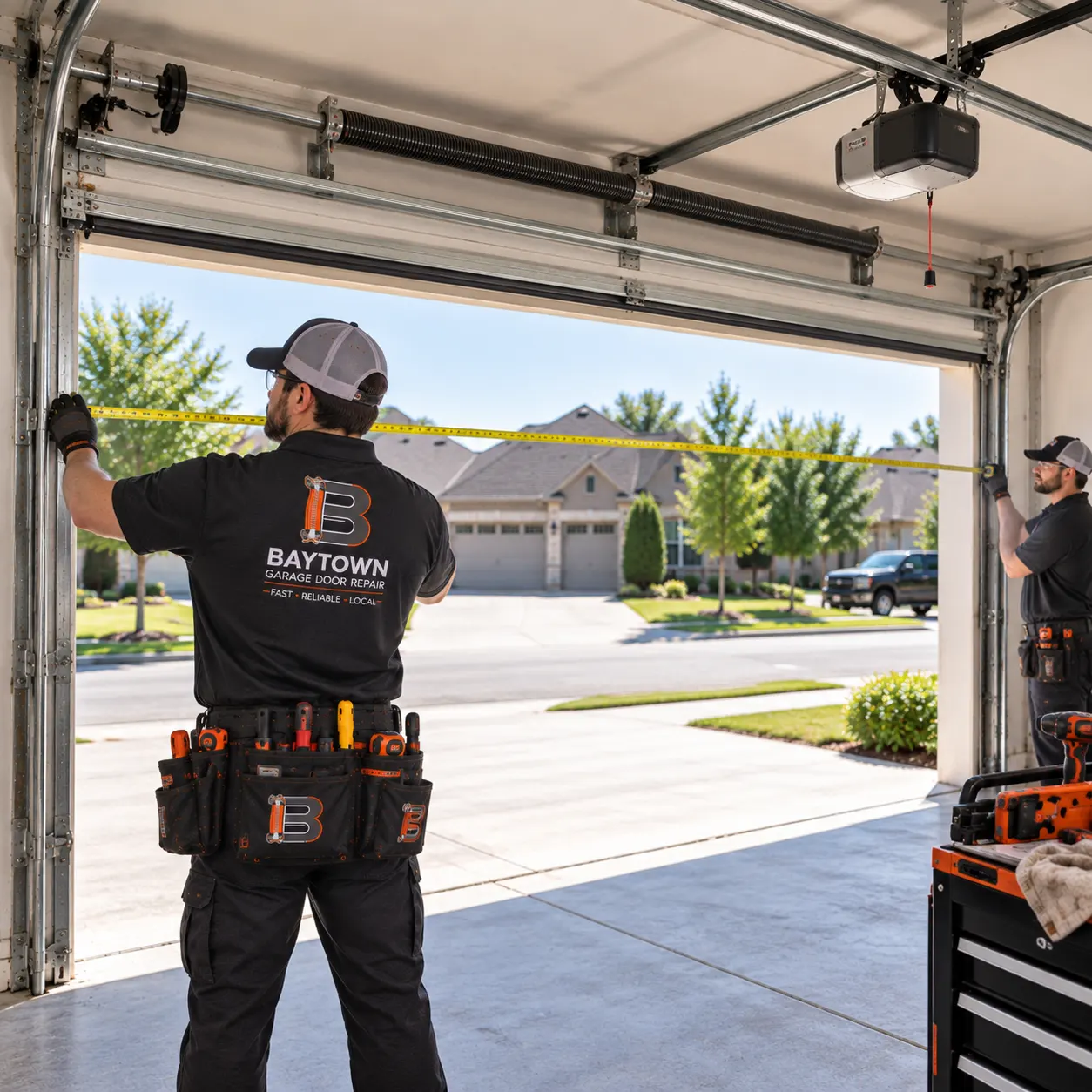 Technician measuring a garage opening