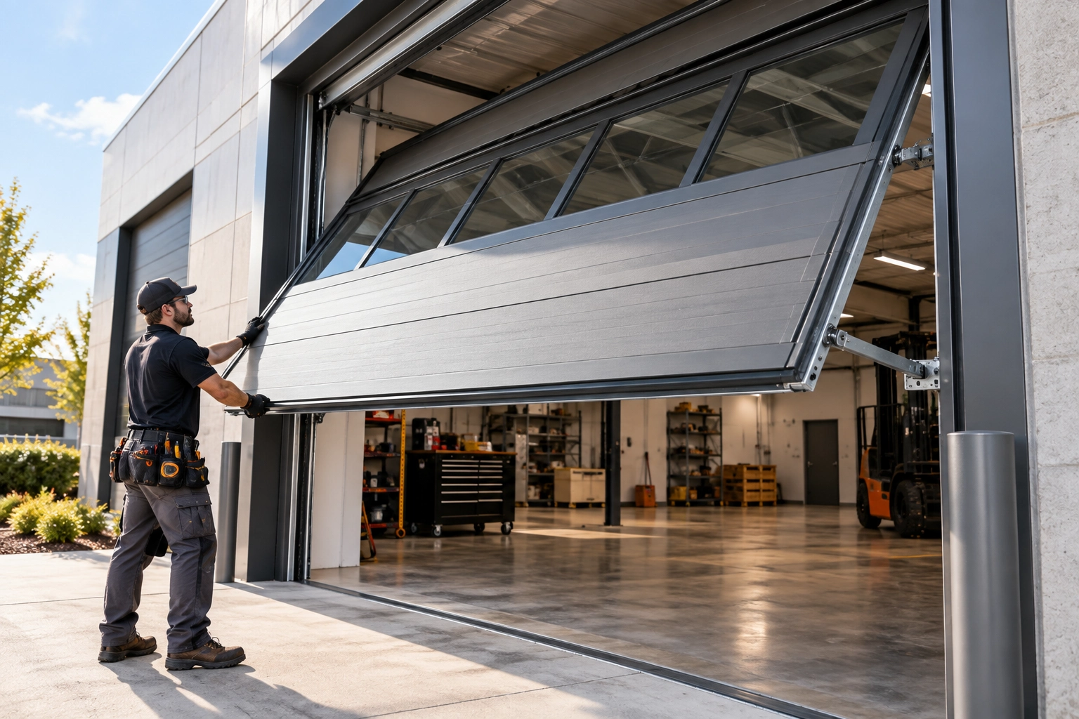 Single-piece canopy door tilted outward — home