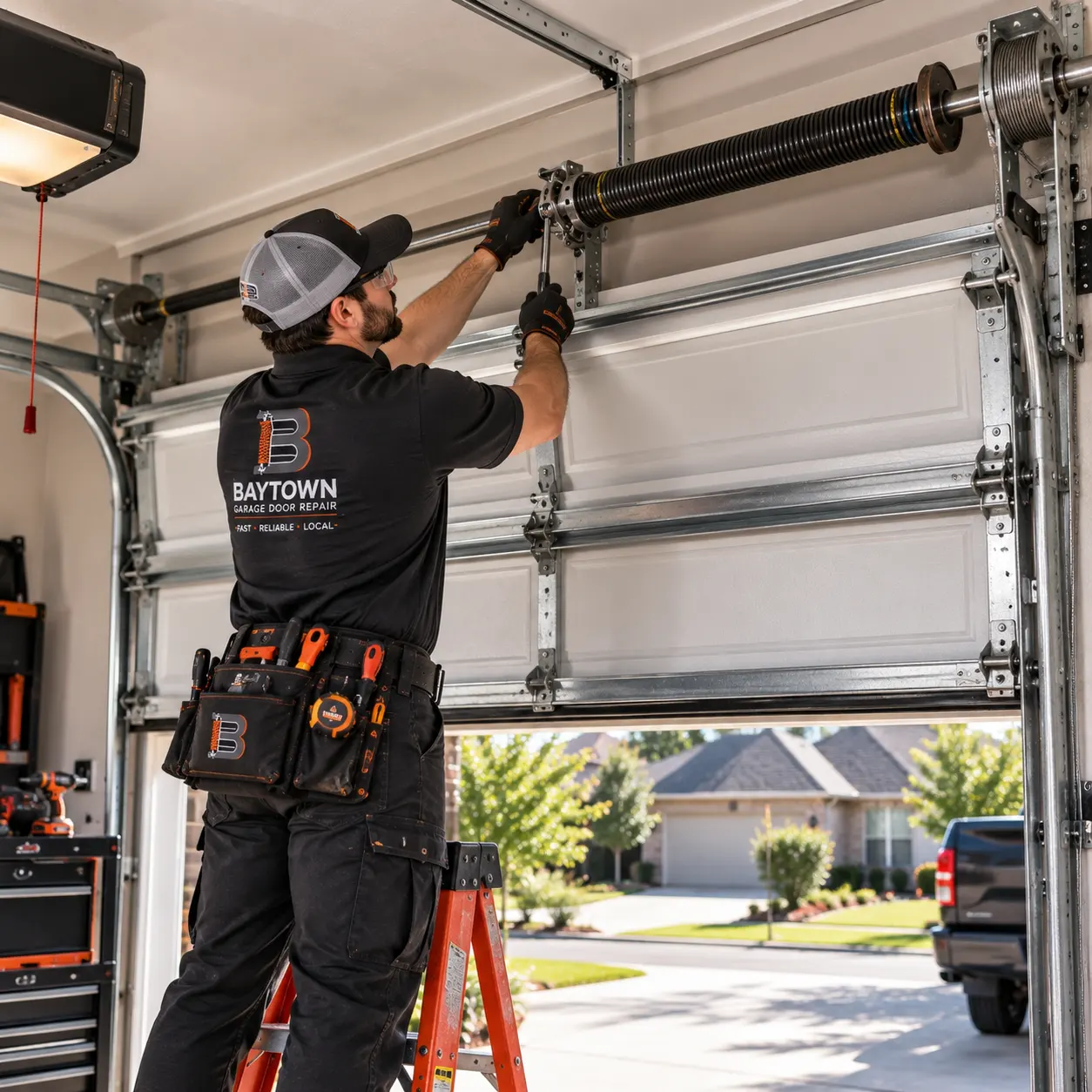 Technician adjusting a torsion spring above a door — spring repairs