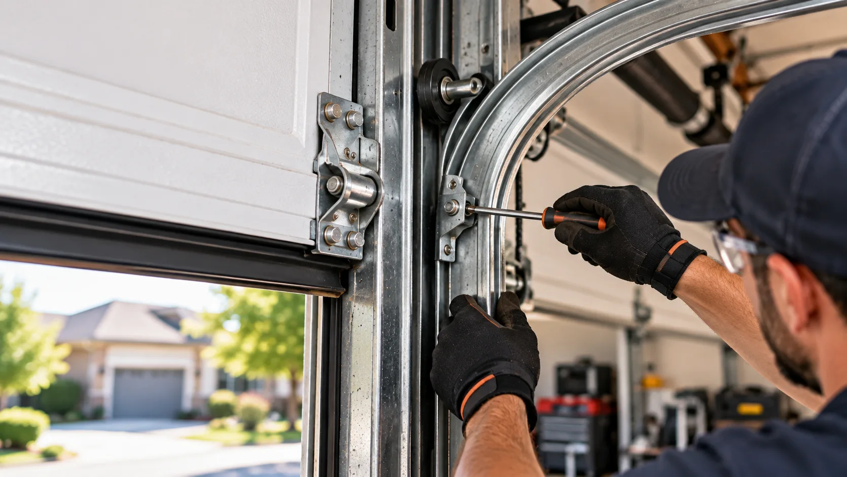Technician inspecting a curved rail and roller