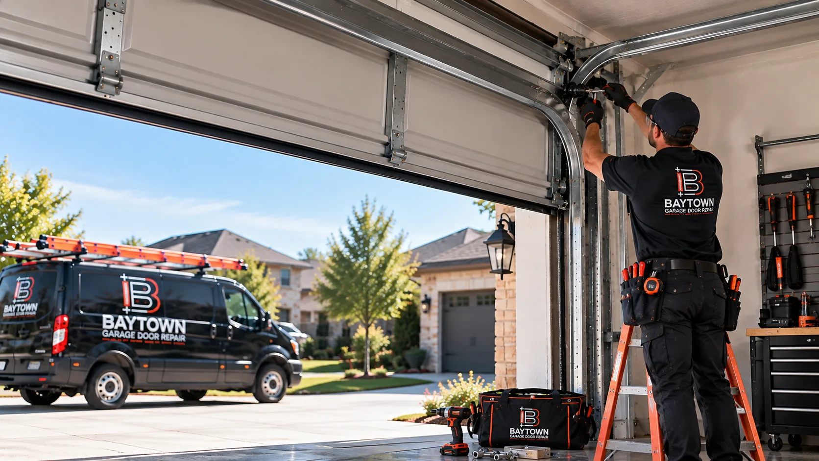 Technician on a ladder beside a raised door track